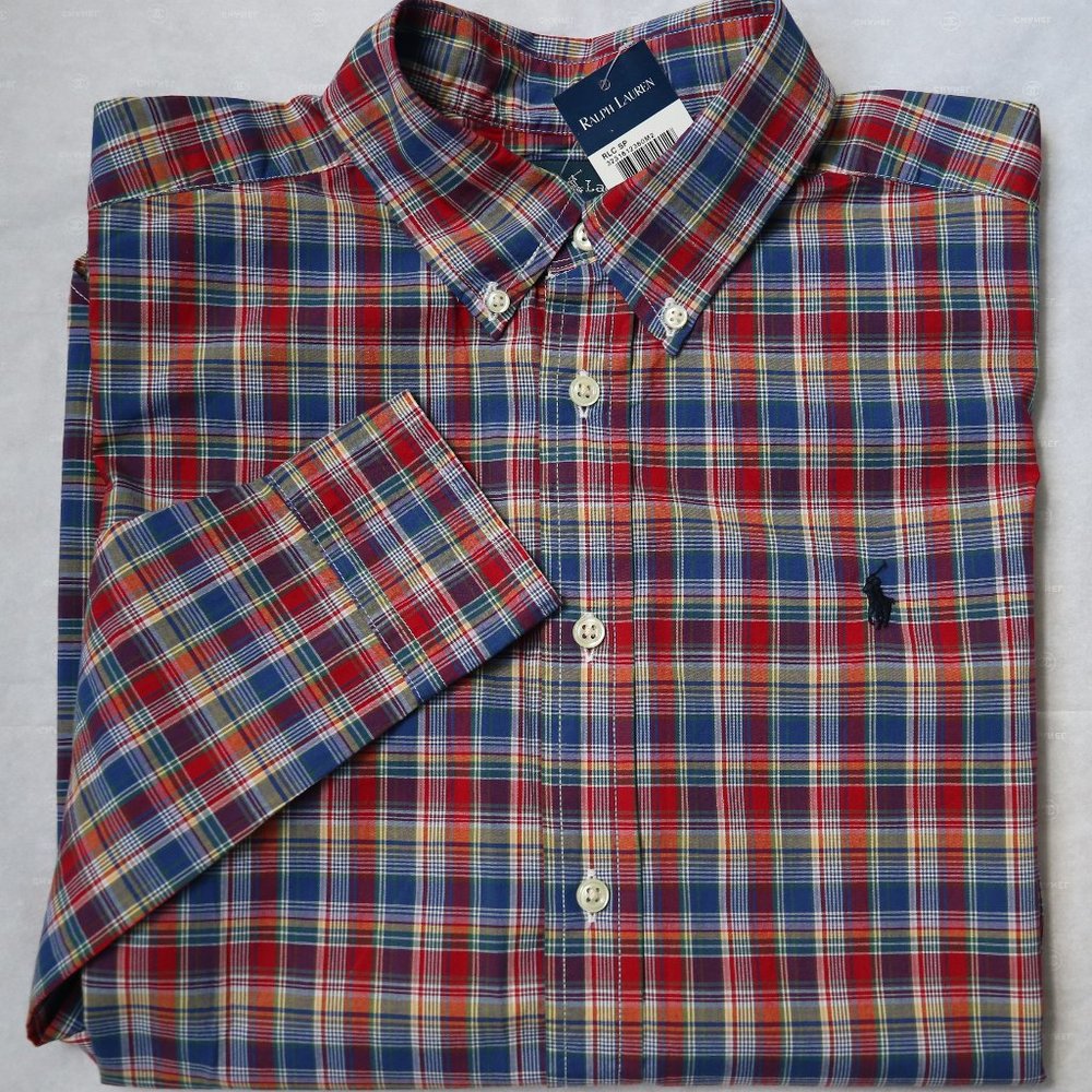 Ralph Lauren Button Down L Plaid Dress Cotton Shirt Long Sleeve Cotton Red Blue